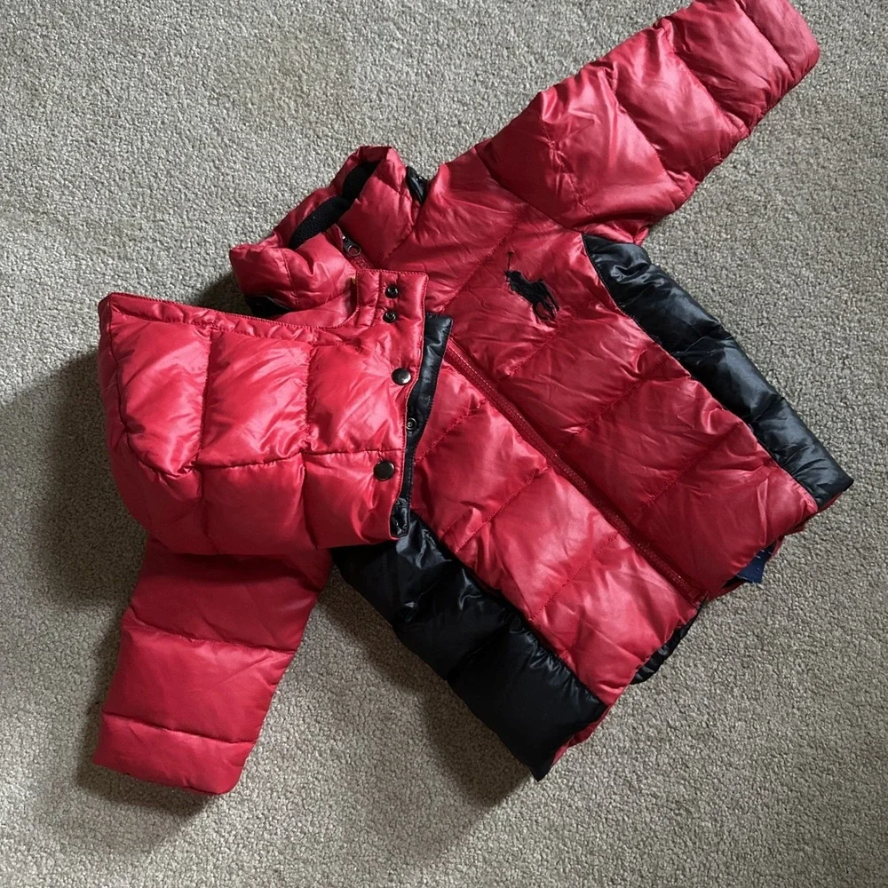 Polo Ralph Lauren Down Puffer Jacket Boys 3T Toddler Red Pony Full Zip Red Black